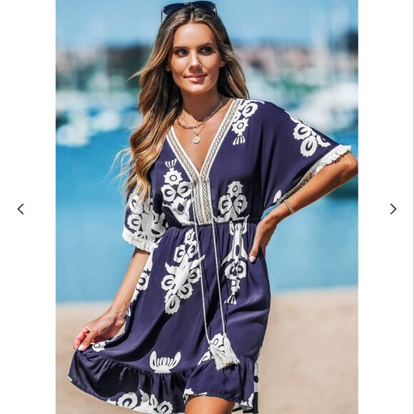 NWOT‎ Cupshe Blue Tassel Dolman Sleeve Mini Dress Size Small - Picture 1 of 7